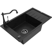 Mexen Elias 1 Becken-Granitspüle mit Abtropffläche und Mischbatterie Carla, Schwarz - 6511-77-670700-70-B