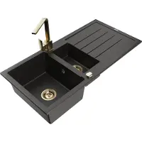 Mexen Andres 1,5-Becken-Granitspüle mit Abtropffläche und Mischbatterie Rita, Schwarz/Gold metallisch- 6515-75-670300-50