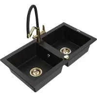 Mexen Mario 2-Becken-Granitspüle mit Mischbatterie Duo, Schwarz - 6504-77-671701-57-G
