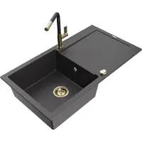 Mexen Leo 1 Becken-Granitspüle mit Abtropffläche und Mischbatterie Flora, Schwarz gesprenkelt - 6501-76-670401-57-G