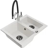 Mexen Carlos 1,5-Becken-Granitspüle mit Mischbatterie Duo, Weiß - 6518-20-671701-07-B