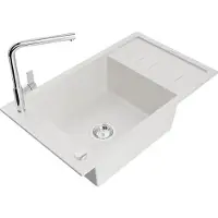 Mexen Elias 1 Becken-Granitspüle mit Abtropffläche und Mischbatterie Flora, Weiß - 6511-20-670401-00