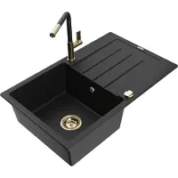 Mexen Bruno 1 Becken-Granitspüle mit Abtropffläche und Mischbatterie Flora, Schwarz - 6513-77-670401-57-G