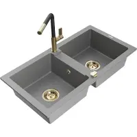 Mexen Mario 2-Becken-Granitspüle mit Mischbatterie Flora, Grau - 6504-71-670401-57-G
