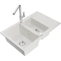 Mexen Gaspar 1,5-Becken-Granitspüle mit Abtropffläche und Mischbatterie Flora, Weiß - 6507-20-670401-00