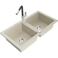 Mexen Mario 2-Becken-Granitspüle mit Mischbatterie Flora, Beige - 6504-69-670401-07