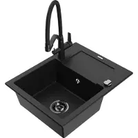 Mexen Enzo 1 Becken-Granitspüle mit Abtropffläche und Mischbatterie Duo, Schwarz - 6506-77-671701-70-B