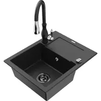 Mexen Enzo 1 Becken-Granitspüle mit Abtropffläche und Mischbatterie Savita, Schwarz/Silbermetallic - 6506-73-672601-70-B