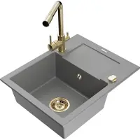 Mexen Enzo 1 Becken-Granitspüle mit Abtropffläche und Mischbatterie Duero, Grau - 6506-71-671600-50