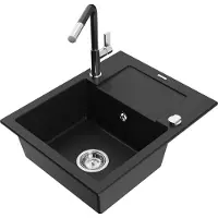 Mexen Enzo 1 Becken-Granitspüle mit Abtropffläche und Mischbatterie Flora, Schwarz - 6506-77-670401-07
