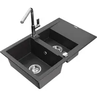 Mexen Gaspar 1,5-Becken-Granitspüle mit Abtropffläche und Mischbatterie Flora, Schwarz gesprenkelt - 6507-76-670401-00