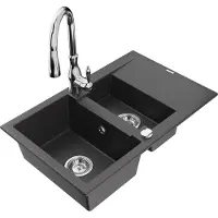 Mexen Gaspar 1,5-Becken-Granitspüle mit Abtropffläche und Mischbatterie Savita, Schwarz gesprenkelt - 6507-76-672601-00