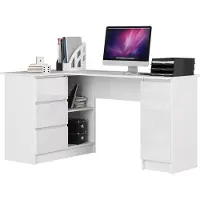 Akord Linker Büroeckschreibtisch 3 Schubladen 1 Tür Weiß/Weiß Hochglanz 155X85X77 Cm