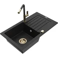Mexen Pablo 1 Becken-Granitspüle mit Abtropffläche und Mischbatterie Flora, Schwarz - 6510-77-670401-57-G