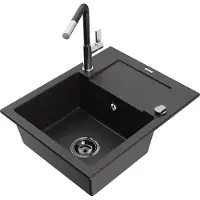 Mexen Enzo 1 Becken-Granitspüle mit Abtropffläche und Mischbatterie Flora, Schwarz/Gold metallisch - 6506-75-670401-07-B