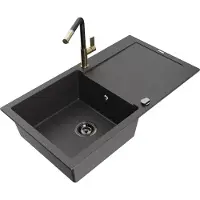 Mexen Leo 1 Becken-Granitspüle mit Abtropffläche und Mischbatterie Flora, Schwarz gesprenkelt - 6501-76-670401-57-B