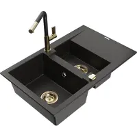 Mexen Gaspar 1,5-Becken-Granitspüle mit Abtropffläche und Mischbatterie Flora, Schwarz/gold - 6507-75-670401-57-G
