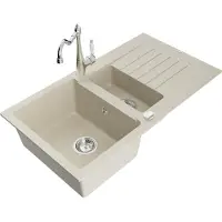 Mexen Matias 1,5-Becken-Granitspüle mit Abtropffläche und Mischbatterie Carla, Beige - 6502-69-670700-00