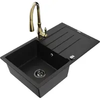 Mexen Bruno 1 Becken-Granitspüle mit Abtropffläche und Mischbatterie Savita, Schwarz - 6513-77-672601-50-B