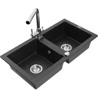 Mexen Mario 2-Becken-Granitspüle mit Mischbatterie Duero, Schwarz/Silbermetallic - 6504-73-671600-00