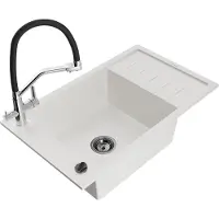 Mexen Elias 1 Becken-Granitspüle mit Abtropffläche und Mischbatterie Duo, Weiß - 6511-20-671701-07-B