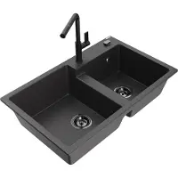 Mexen Tomas 2-Becken-Granitspüle mit Mischbatterie Flora, Schwarz gesprenkelt - 6516-76-670401-70-B