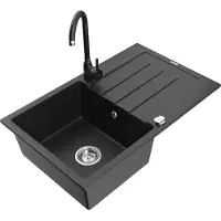 Mexen Bruno 1 Becken-Granitspüle mit Abtropffläche und Mischbatterie Telma, Schwarz/Silber - 6513-73-670200-70