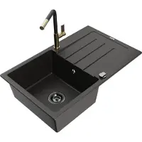 Mexen Bruno 1 Becken-Granitspüle mit Abtropffläche und Mischbatterie Flora, Schwarz/Gold metallisch - 6513-75-670401-57-B