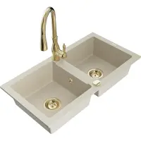 Mexen Mario 2-Becken-Granitspüle mit Mischbatterie Savita, Beige - 6504-69-672601-50