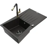 Mexen Cesar 1 Becken-Granitspüle mit Abtropffläche und Mischbatterie Flora, Schwarz/Gold metallisch - 6514-75-670401-57-B