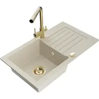 Mexen Pablo 1 Becken-Granitspüle mit Abtropffläche und Mischbatterie Duero, Beige - 6510-69-671600-50