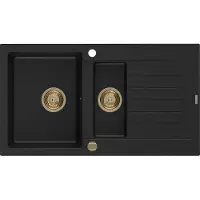 Mexen Matias 1,5-Becken-Granitspüle mit Abtropffläche 900 x 505 mm, Schwarz, Siphon Gold - 6502901505-77-G
