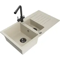 Mexen Matias 1,5-Becken-Granitspüle mit Abtropffläche und Mischbatterie Duero, Beige - 6502-69-671600-70