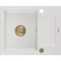 Mexen Enzo Granitspüle mit einem Becken und einer Abtropffläche 576 x 465 mm, Weiß, Siphon Gold - 6506571005-20-G