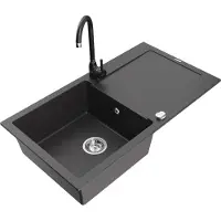 Mexen Leo 1 Becken-Granitspüle mit Abtropffläche und Mischbatterie Telma, Schwarz gesprenkelt - 6501-76-670200-70
