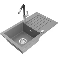 Mexen Pablo 1 Becken-Granitspüle mit Abtropffläche und Mischbatterie Flora, Grau - 6510-71-670401-07