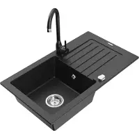 Mexen Pablo 1 Becken-Granitspüle mit Abtropffläche und Mischbatterie Telma, Schwarz/Silber - 6510-73-670200-70
