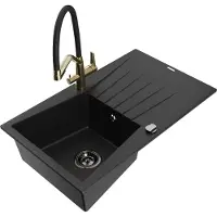Mexen Cesar 1 Becken-Granitspüle mit Abtropffläche und Mischbatterie Duo, Schwarz - 6514-77-671701-57-B