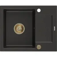 Mexen Enzo Granitspüle mit einem Becken und einer Abtropffläche 576 x 465 mm, Schwarz/Gold metallisch, Siphon Gold - 6506571005-