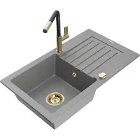 Mexen Pablo 1 Becken-Granitspüle mit Abtropffläche und Mischbatterie Flora, Grau - 6510-71-670401-57-G