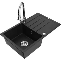Mexen Bruno 1 Becken-Granitspüle mit Abtropffläche und Mischbatterie Elia, Schwarz - 6513-77-670101-00