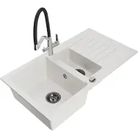 Mexen Matias 1,5-Becken-Granitspüle mit Abtropffläche und Mischbatterie Duo, Weiß - 6502-20-671701-07-B