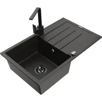 Mexen Bruno 1 Becken-Granitspüle mit Abtropffläche und Mischbatterie Rita, Schwarz/Gold metallisch - 6513-75-670300-70-B