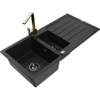 Mexen Andres 1,5-Becken-Granitspüle mit Abtropffläche und Mischbatterie Rita, Schwarz/Gold metallisch- 6515-75-670300-50-B