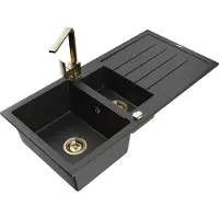 Mexen Andres 1,5-Becken-Granitspüle mit Abtropffläche und Mischbatterie Rita, Schwarz/Silbermetallic - 6515-73-670300-50