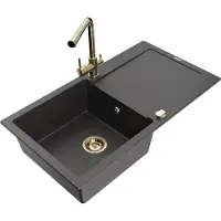 Mexen Leo 1 Becken-Granitspüle mit Abtropffläche und Mischbatterie Duero, Schwarz gesprenkelt - 6501-76-671600-50