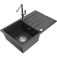 Mexen Bruno 1 Becken-Granitspüle mit Abtropffläche und Mischbatterie Flora, Schwarz gesprenkelt - 6513-76-670401-00