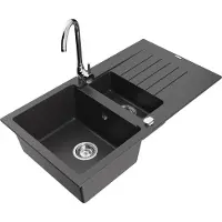 Mexen Matias 1,5-Becken-Granitspüle mit Abtropffläche und Mischbatterie Telma, Schwarz gesprenkelt - 6502-76-670200-00