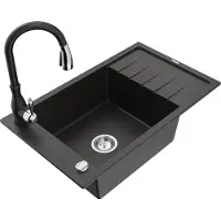 Mexen Elias 1 Becken-Granitspüle mit Abtropffläche und Mischbatterie Savita, Schwarz/Gold metallisch - 6511-75-672601-70
