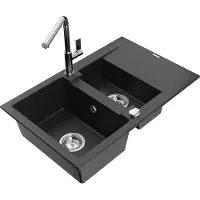 Mexen Gaspar 1,5-Becken-Granitspüle mit Abtropffläche und Mischbatterie Flora, Schwarz/Silber - 6507-73-670401-00